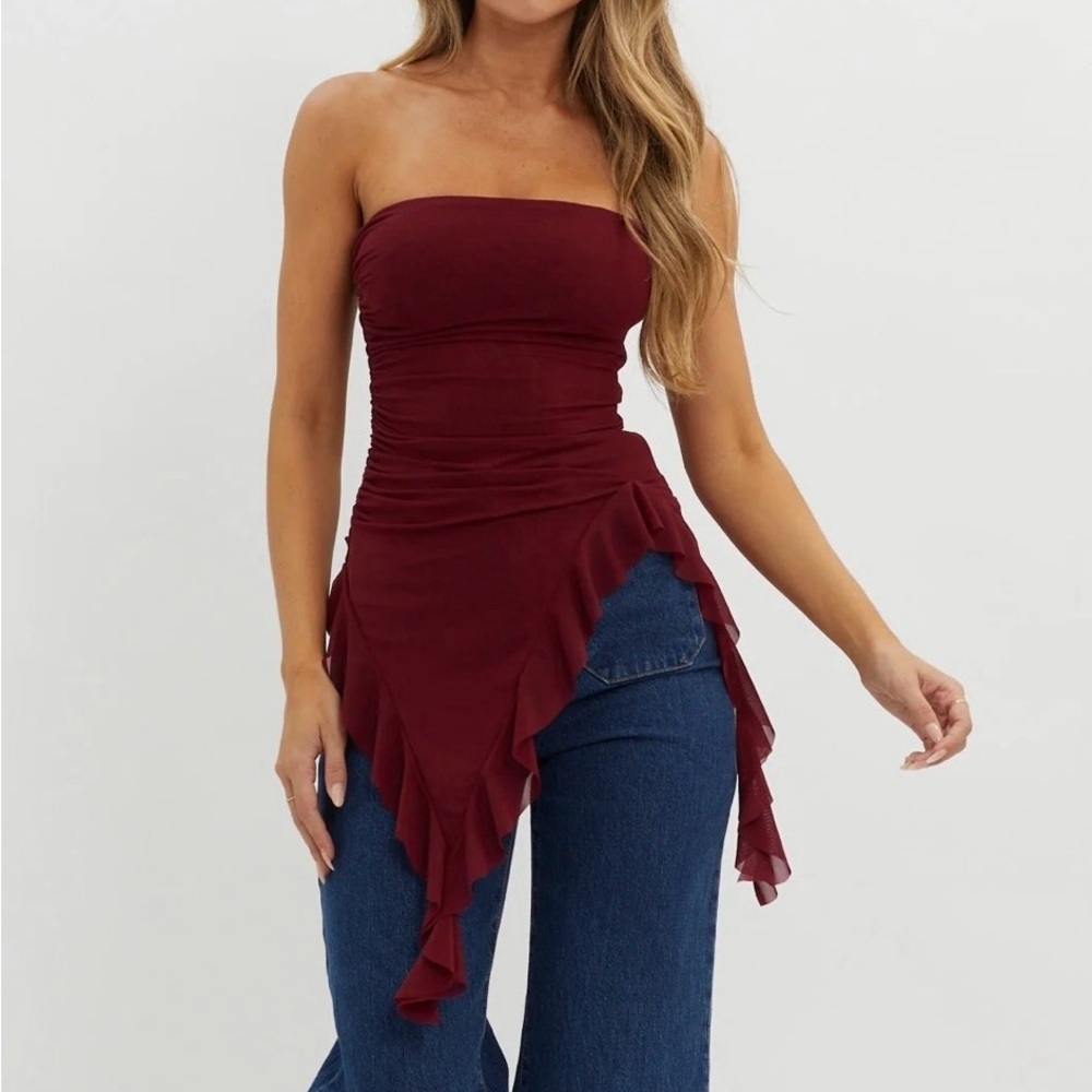 After Party Ruffle Trim Top Sangria